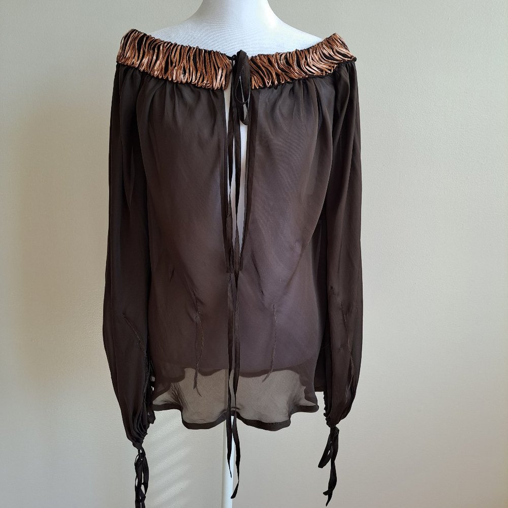 Roberto Cavalli Brown See Through Top Shirt with Feathers Size XS